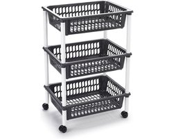 Antraciet grijze opberg trolleys/roltafels met 3 manden 62 cm - Etagewagentje/karretje met opbergkratten