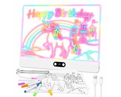 Aogled LED Tekenbord Kinderen – Neon Lichtbord 35x26 cm – 8 Kleuren & 3 Lichtstanden – Oplaadbaar via USB-C – Inclusief Markers, Sjablonen & Standaard – Creatief Cadeau vanaf 6 Jaar – Wit