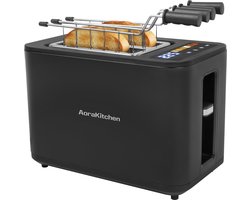 AoraKitchen Broodrooster met Tostiklemmen - 900W - 6 Warmteniveaus - Led Scherm - Toaster - met Timerfuncties - Tosti Apparaat - Zwart
