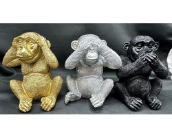 Apen " horen, zien & zwijgen" beeldjes - mix kleuren - goud/zilver/zwart - set van 3 - 13 cm hoog - polyresin - decoratieve beelden - woonaccessoires