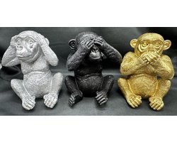 Apen " horen, zien & zwijgen" beeldjes - mix kleuren - zilver/zwart/goud - set van 3 - 13 cm hoog - polyresin - decoratieve beelden - woonaccessoires