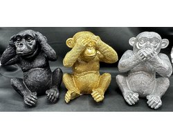 Apen " horen, zien & zwijgen" beeldjes - mix kleuren - zwart/goud/zilver - set van 3 - 13 cm hoog - polyresin - decoratieve beelden - woonaccessoires