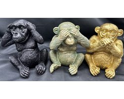 Apen " horen, zien & zwijgen" beeldjes - mix kleuren - zwart/groen metallic/goud - set van 3 - 13 cm hoog - polyresin - decoratieve beelden - woonaccessoires