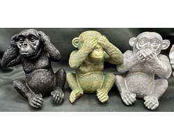 Apen " horen, zien & zwijgen" beeldjes - mix kleuren - zwart/groen metallic/zilver - set van 3 - 13 cm hoog - polyresin - decoratieve beelden - woonaccessoires