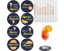 Aperol Spritz Accessoires Set - Met Herbruikbare Glazen Rietjes, Vilt Onderzetters en 2 Reinigingsborstels - Voor Aperol Liefhebbers & Zomer Tafeldecoratie - 16-delig