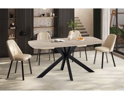 Apollo Eettafel – 160 x 90 cm – Deens Ovaal – Glanzend Beige Stenen Blad met Grijze Marmerlook – Zwarte Matrixpoot