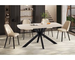 Apollo Eettafel – 160 x 90 cm – Deens Ovaal – Mat Beige Stenen Blad met Travertinlook – Zwarte Matrixpoot