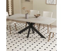 Apollo Eettafel – 180 x 90 cm – Deens Ovaal – Glanzend Beige Stenen Blad met Marmerlook – Zwarte Matrixpoot