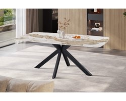 Apollo Eettafel – 180 x 90 cm – Deens Ovaal – Glanzend Goudbruin Stenen Blad met Marmerlook – Zwarte Matrixpoot