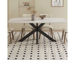 Apollo Eettafel – 180 x 90 cm – Deens Ovaal – Wit Stenen Blad met Marmerlook – Zwarte Matrixpoot