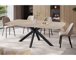 Apollo Eettafel – 200 x 100 cm – Deens Ovaal – Glanzend Beige Stenen Blad met Grijze Marmerlook – Zwarte Matrixpoot