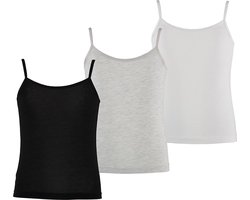 Apollo Meisjes Bamboe Singlet Hemden 3-Pack Zwart Grijs Wit Spaghettibandjes Onderhemd - Maat  134/140