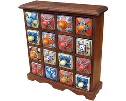 Apothekerskast Keramische Laden - Medicijnkastje Houten Kast - Kleine Spullen Opbergen - Handbeschilderde Laden - 32x32x10 cm - Geel