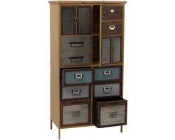 Apothekerskast MCW-O80, hoge kast met lades, vintage shabby-look 136x73x35cm, blauw metalen look