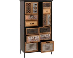 Apothekerskast MCW-O80, hoge kast met lades, vintage shabby-look 136x73x35cm, naturel/kleurrijk metaaloptiek