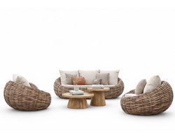 Apple Bee Cocoon Loungeset 5-delig | Belito Daan Tafels Ø 60 & 80 cm | Mokka/Teak