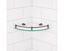 Aquadorf Messing glas hoekplanchet donker chroom, Badkameraccessoires, veiligheidsglas, shampoo houder, design badkamer, chrome look, moderne badkamer, Strak design, PVD kleur, douche planchet, douchehoek rekje, badkamer hoekrek, wandplanchet