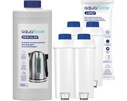 Aquafloow, 4x waterfilter, vervanging voor DeLonghi DLSC002, SER3017 & 5513292811 Koffiezetapparaten, waterfilterpatronen + 1x Ontkalker, AquaFloow, 1l, koffiezetapparaat kit
