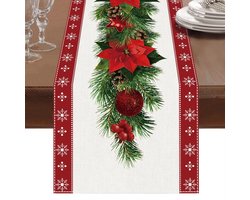 Aquarel Poinsettia Rode Kersttafelloper met Witte Sneeuwvlokken, Seizoensgebonden Winter Kerstfeestdecoraties, Feestelijke Binnenhuisdecoratie voor de Keuken, 13 x 90 inch