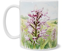 Aquarel Series Mok Aapjesorchis Orchidee - Botanische Print Orchis Simia - Cadeau Natuurliefhebber - Bloemen Mok Hollands Landschap Windmolen - Decoratie Keuken Kantoor - Uniek Bloemencadeau voor haar: Vrouw, Vriendin of Collega - Pastel Roze Paars