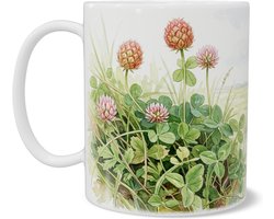 Aquarel Series Mok Aardbeiklaver Trifolium Fragiferum - Roze Klaverbloemen Print - Hollands Polderlandschap met Rivier en Molens - Botanische Illustratie - Landelijk Cadeau voor haar: Vrouw, Vriendin of Collega - Decoratieve Bloemenmok