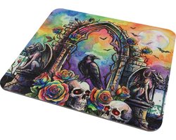 Aquarel Series Muismat - Mystieke Gothic Raaf met Schedel, Gargoyles en Regenboog Rozen - Kleurrijke Fantasy Kunst voor op het Bureau - Uniek Cadeau voor haar: Vriendin & Collega - Magische Werkplek Accessoire en Gothic Decoratie voor Thuiswerken