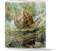 Aquarel Series - Prachtige Koffiemok met Slak in het Bos - Unieke Dieren Mok met Paddenstoelen en Mos - Rustgevende Theebeker voor Natuurliefhebbers - Exclusief Cadeau voor haar: Vriendin of Collega - Sfeervolle Waterverf Kunst met Bosdieren