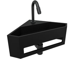 AquaVik Hoekfontein Toilet - Solid Surface Mat Zwart - 35x35x16cm - Handdoekhouder - Fontein - Handenwasser - Wc Fontein - Toiletfontein