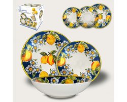 Arca Limoni Due - Serviesset - Serviesset 6 persoons - 6 diner-, 6 diepe en 6 dessertborden - met vrolijk citroenpatroon in felle kleuren - geschenkdoos