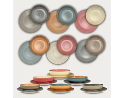 Arca Maya - Serviesset - Serviesset 6 persoons - 6 diner- en 6 diepe borden - 6 zachte effen kleurvariaties met penseelstreekeffect- geschenkdoos