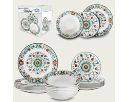 Arca Millefiori - Serviesset - Serviesset 6 persoons - 6 diner-, 6 diepe en 6 dessertborden - met vrolijk bloemenpatroon in felle kleuren - geschenkdoos