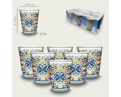 Arca Vietri - glazen drinkglazen 325ml, Set van 6 glazen - vrolijke decoratie - past bij het Limoni (Due) servies