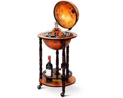 Archi Globe Bar Wijnkast – Trolley - Barkast op wielen – Antiek - Met wijnrek & opbergruimte – Voor woonkamer & keuken – Bruin