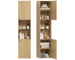 Archi Hoog Badkamermeubel – Kolomkast - 6 Niveaus en 2 Deuren – Verstelbare Planken en Gehard Glas – 40 × 31 × 182 cm – Eikenlook