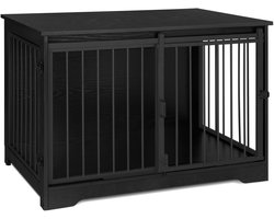 Archi houten hondenbench meubel – 100 cm hondenkooi met schuifdeur – stevige metalen bench voor middelgrote honden – modern hondenmeubel voor woonkamer & slaapkamer – zwart