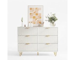 Archi Ladekast met 6 Laden – Witte Commode - Opbergkast – Gegolfd Front – Met Gouden Handgrepen en Poten – Incl Kantelbeveiliging
