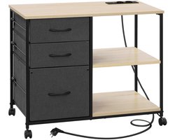Archiefkast Kantoor – Kantoorkast - Dossierkast - Licht Eiken – Hout – 80x40x66 cm – Met Laden & Open Vakken – Inclusief Laadstation met USB & Stopcontact – Op Wielen met Rem – Printerstandaard