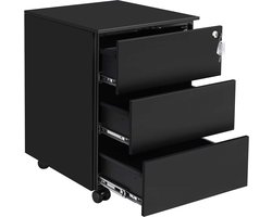 Archiefkast met 3 laden - Rolcontainer - Kantoororganizer - Stalen constructie - Veilig slot - Matzwart - 45 cm x 39 cm x 55 cm