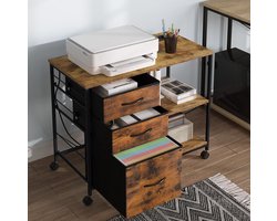 Archiefkast met oplaadstation, verrijdbare kast met lades, kantoor kast, printertafel met wielen, printerkast met open schappen, gemaakt van metaal en hout, vintage stijl