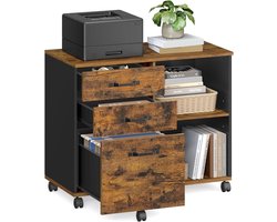 Archiefkast op wielen 40 x 80 x 66 cm – Verrijdbare Ladeblok met 3 Lades & Open Vakken – Printerkast & Bureau Opbergkast – Vintage Bruin/Zwart – Pauwhome