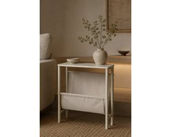 Ardful Japandi Bijzettafel met Tijdschriftenhouder - Beige Luxe Bijzettafel voor Woonkamer & Slaapkamer- Smal & Compact Tafeltje met Tijdschriftenrek- Slank Nachtkastje 48x20x50 cm