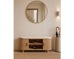 Ardful - Japandi Halbank - Opbergbank met 2 Schuifdeuren - Houten Schoenenkast met Zitkussen - Scandinavisch Design - 90x32x42 cm