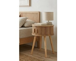 Ardful Rond Nachtkastje Hout - Japandi Bedtafeltje met Latjes Design - Scandinavisch Bijzettafeltje - Naturel - Kastje met opbergruimte - Eiken look