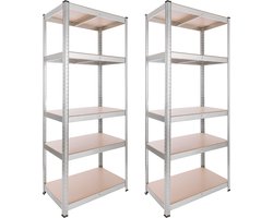 AREBOS 2x Stellingkast - Opbergrek - 5 Planken - 875 kg Draagkracht - 180x75x45 cm - Metaal/MDF - te gebruiken als werkbank