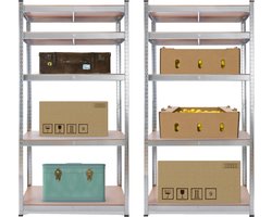 AREBOS 2x Stellingkast - Opbergrek - 5 Planken - 875 kg Draagkracht - 90x40x180 cm - Metaal/MDF - te gebruiken als werkbank