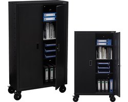 AREBOS Archiefkast - Dossierkast - Roldeurkast - Kantoorkast - Opbergkasten met deuren - Archiefkast Metaal - 155 x 90 x 40 cm - 4 zwenkwielset - Zwart