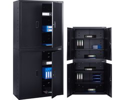 AREBOS Archiefkast - Dossierkast - Roldeurkast - Kantoorkast - Opbergkasten met deuren - Archiefkast Metaal - 180x90x40 cm - Zwart - 4 Uitneembare planken