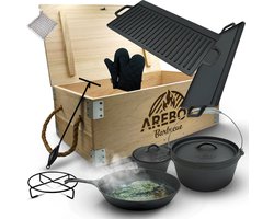 AREBOS Dutch Oven Set - Pan Gietijzer - Gietijzeren Pan BBQ - 9-delig - Outdoor Kookset - Houten kist