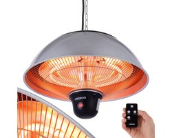 AREBOS Infrarood Heater - 1500W met afstandsbediening - Elektrische Kachel met 3 standen - Terrasverwarmer binnen & buiten - Infraroodstralers - Terras Heater - Straalkachel - Terrasverwarmer Hangend - Zilver
