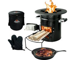 AREBOS Rocket Stove - Camping Kachel - met de Draagtas, Gietijzeren pan, en Beschermende Handschoenen